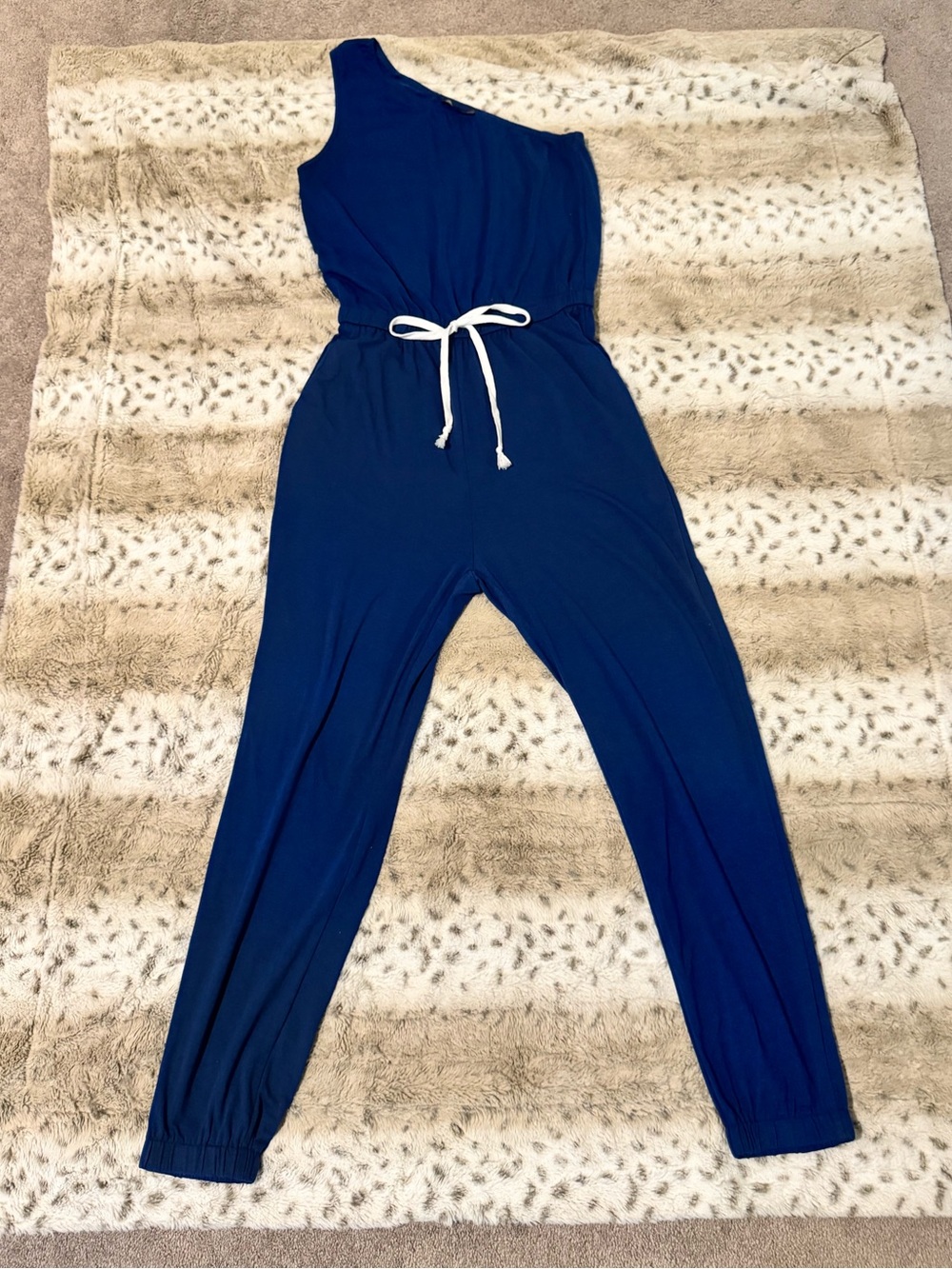 One-Shoulder Navy Jumpsuit with Drawstring Waist and Elastic Ankles